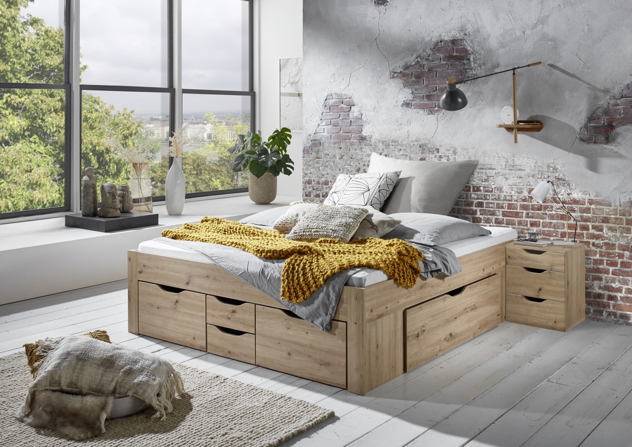 Relita Stauraumbett Noah 180 x 200 cm, ohne Lattenrost mit 6 Bettschubladen, Ausf. Eiche Artisan Dekor