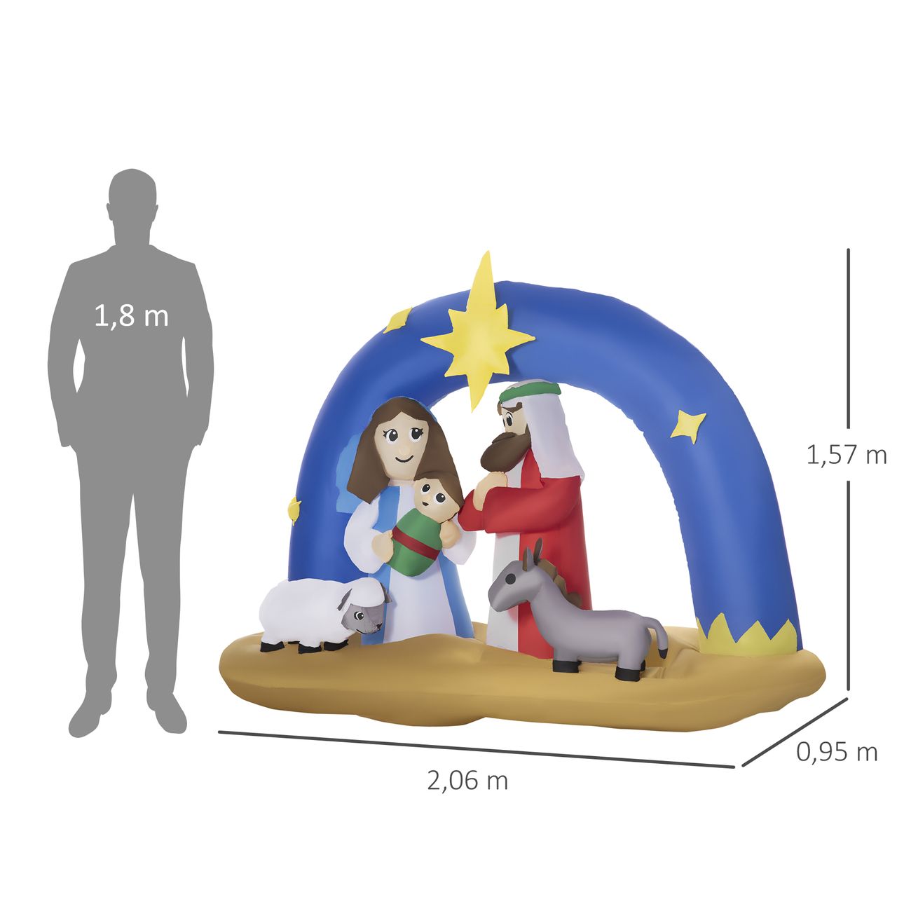 HOMCOM Aufblasbarer Weihnachtsbogen Bibel-Bogen von Jesus' Geburt 1,57 m Weihnachtsdeko mit LED Weihnachtskrippe mit Torbogen wasserdicht Polyester Blau Braun 206 x 95 x 157 cm