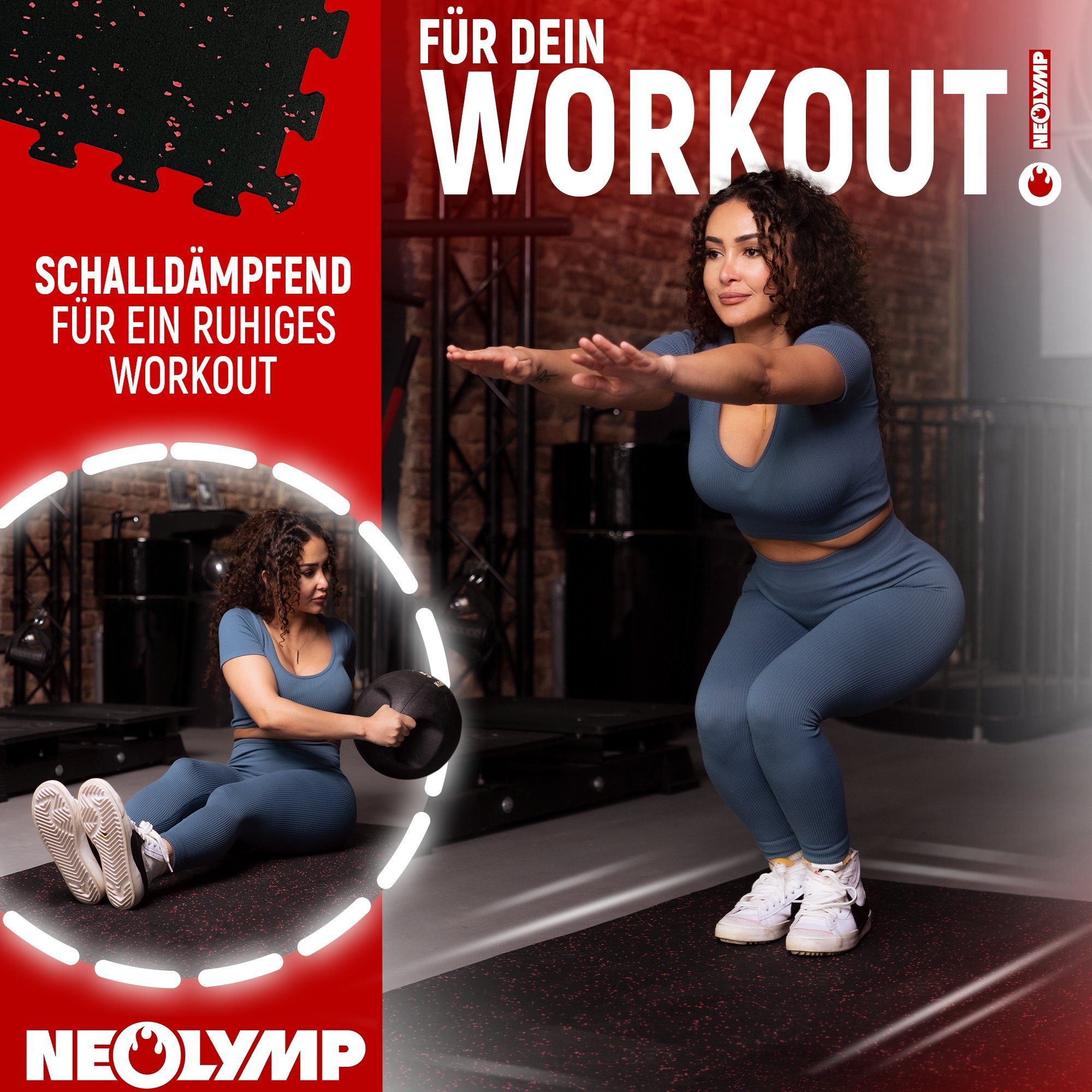 NEOLYMP Bodenmatte Profi-Sportboden SF210 1 Stück (8 Puzzlestücke inkl. Randteile), Premium-Studioqualität, Naturkautschuk, Dichte von 7100g/m³