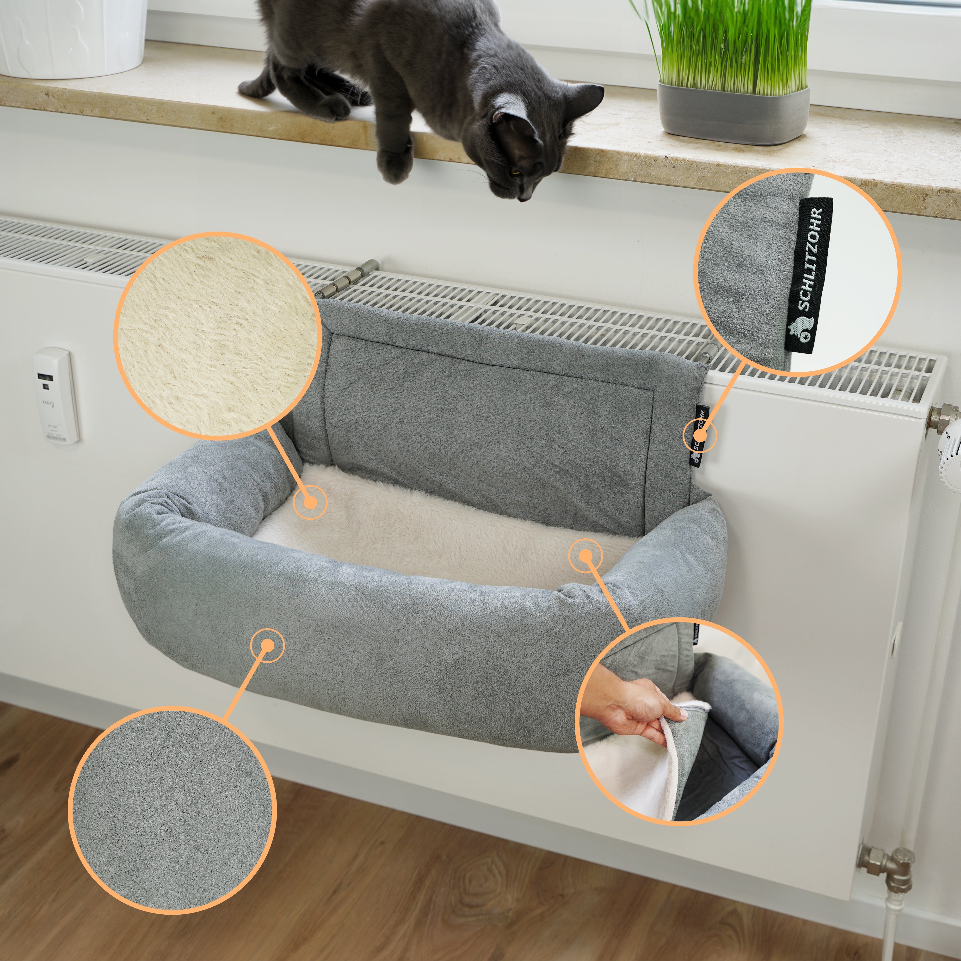 SCHLITZOHR Katzen-Hängematte Murphy, Mikrofaser, Heizungsliege, passt an ALLE Heizungen, stabil, waschbar, extra Kissen