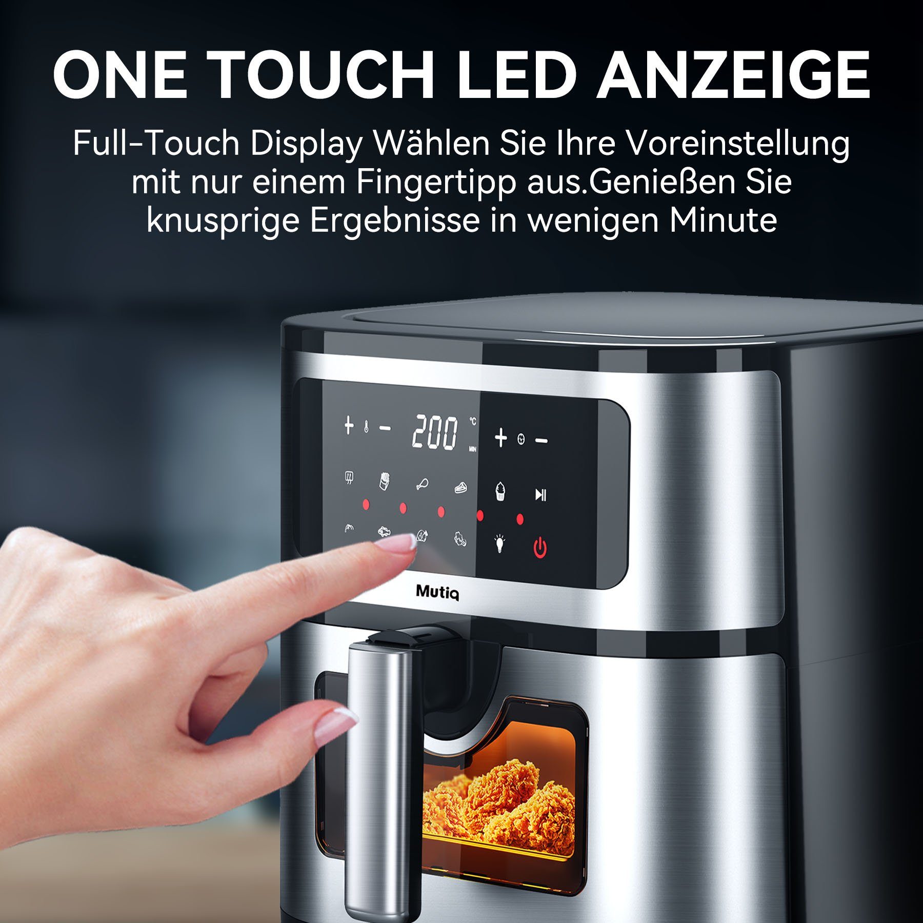 Senmudi Heißluftfritteuse 7.5L Airfryer 10 Programme,LED Touchscreen friteuse, 1800,00 W, Präzise Temperaturregelung 50~200℃, Timer, Fritteuse ohne Öl