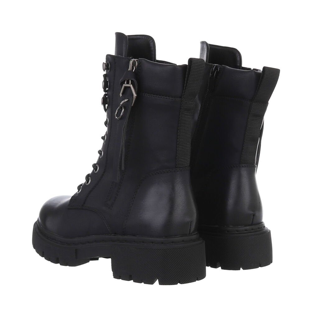 Ital-Design Damen Schnürschuhe Freizeit Schnürstiefelette Blockabsatz Plateaustiefeletten in Schwarz