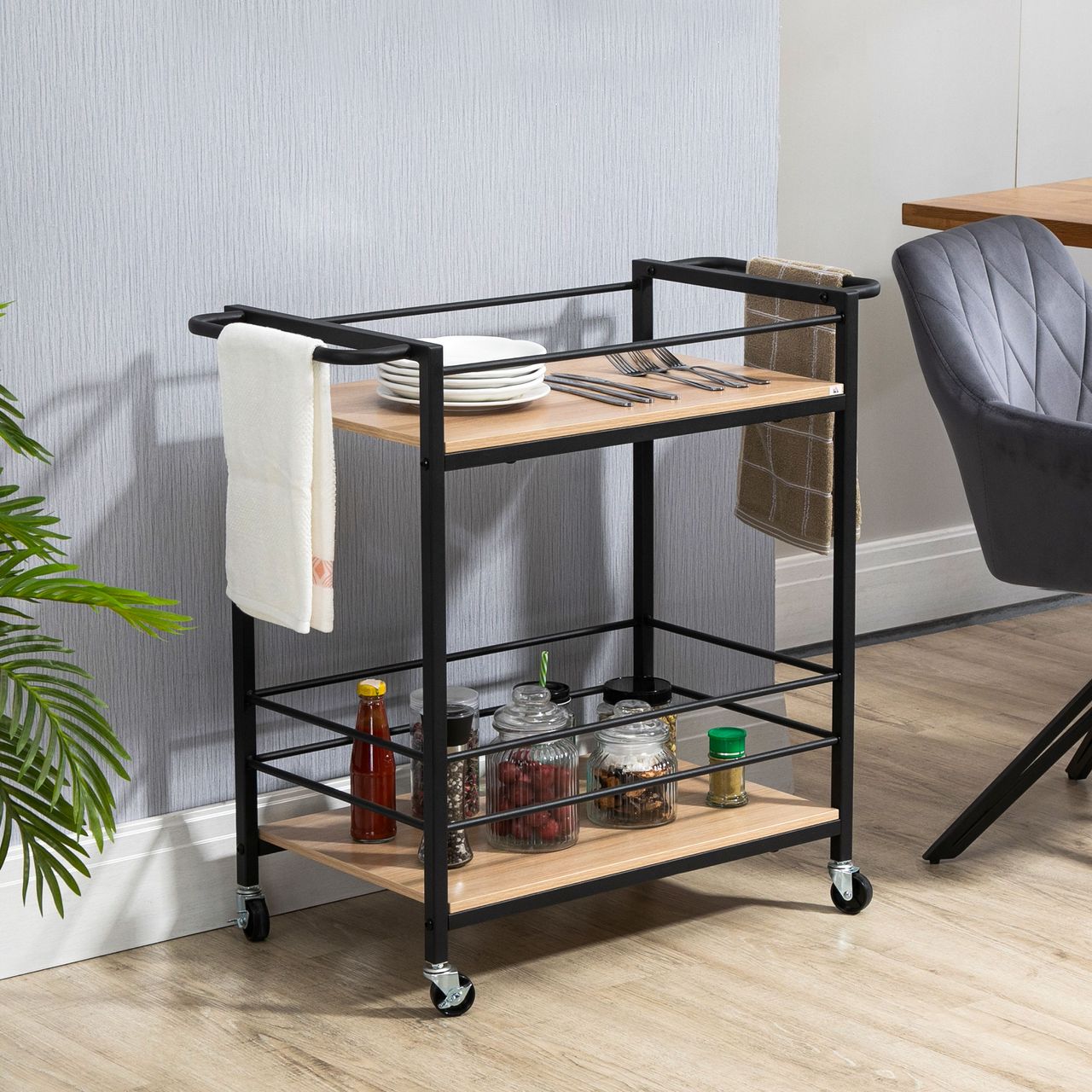 HOMCOM Küchenwagen Servierwagen Aufbewahrungswagen Beistellwagen mit 2 Ebenen und Griff Rollenwagen für Küche Esszimmer Wohnzimmer Belastbarkeit 60 kg Spanplatte 82 x 40 x 75 cm