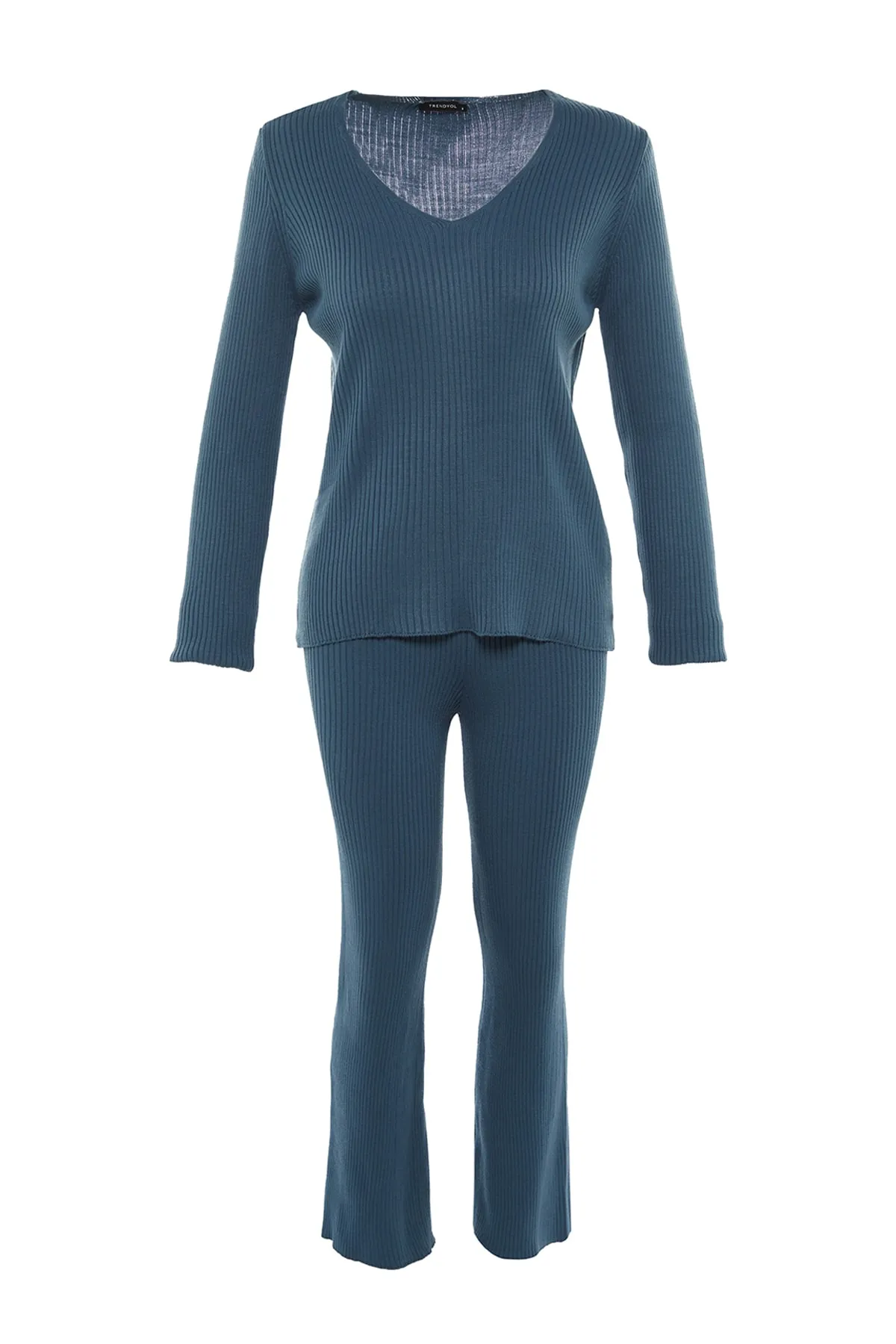Trendyol Collection  Indigofarbenes Strickoberteil und -unterteil mit V-Ausschnitt TWOAW23AU00139