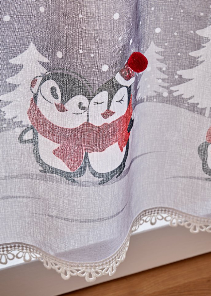 Scheibengardine mit Pinguin Druck