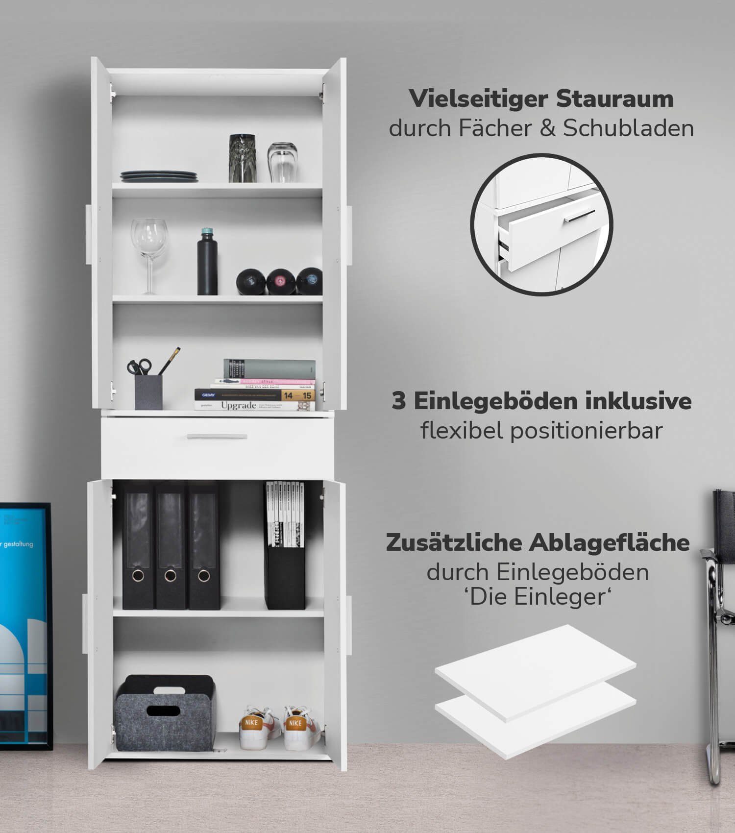 mokebo Mehrzweckschrank Der Praktische (180cm Höhe) Apothekerschrank, Vorratschrank, Schuhschrank, Küchenschrank Weiß