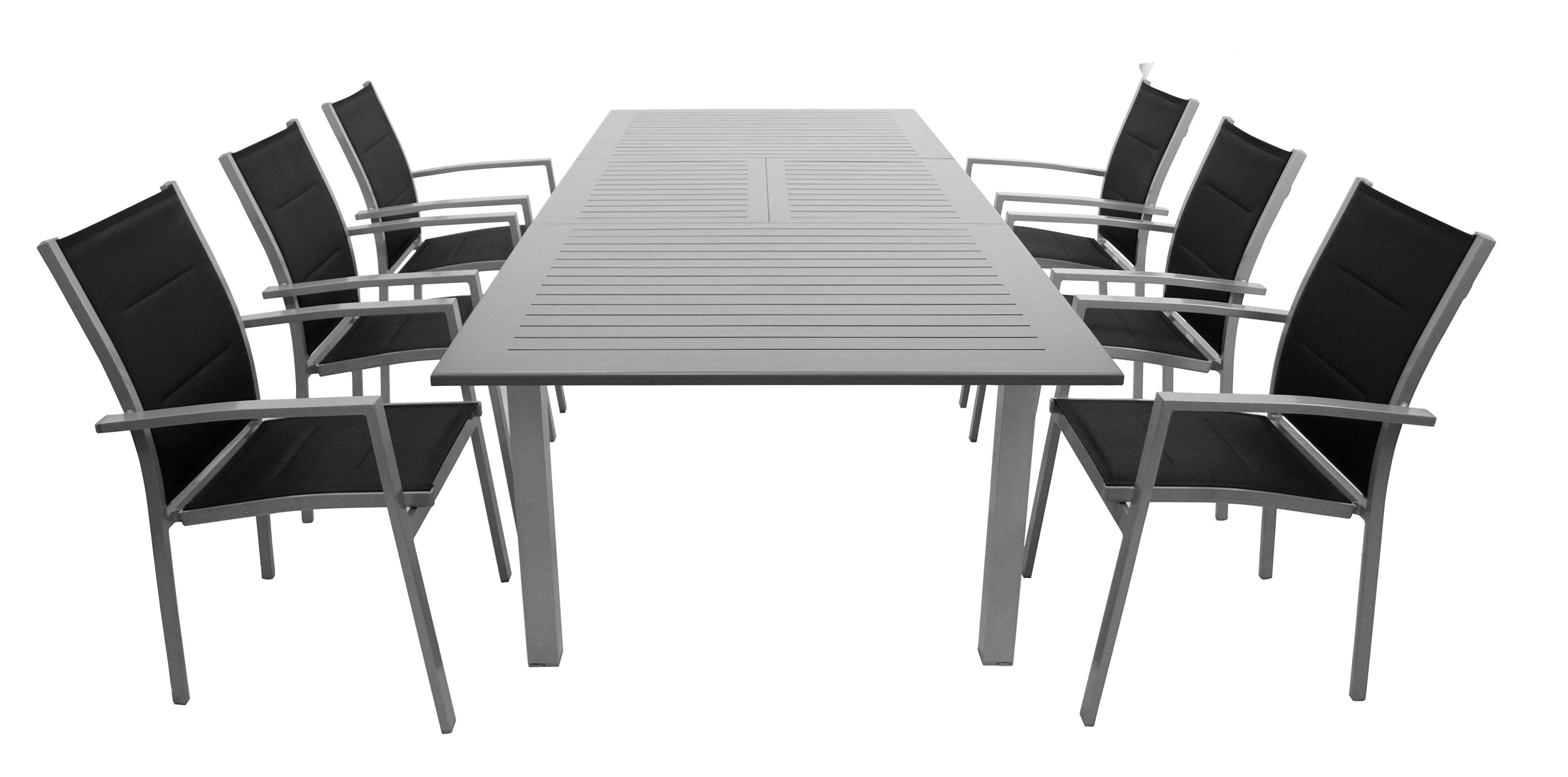 DEGAMO Garten-Essgruppe BAJAZZO 7-teilig, 6x Stapelsessel, 1x Ausziehtisch 175/245x100cm, Alu silbergrau