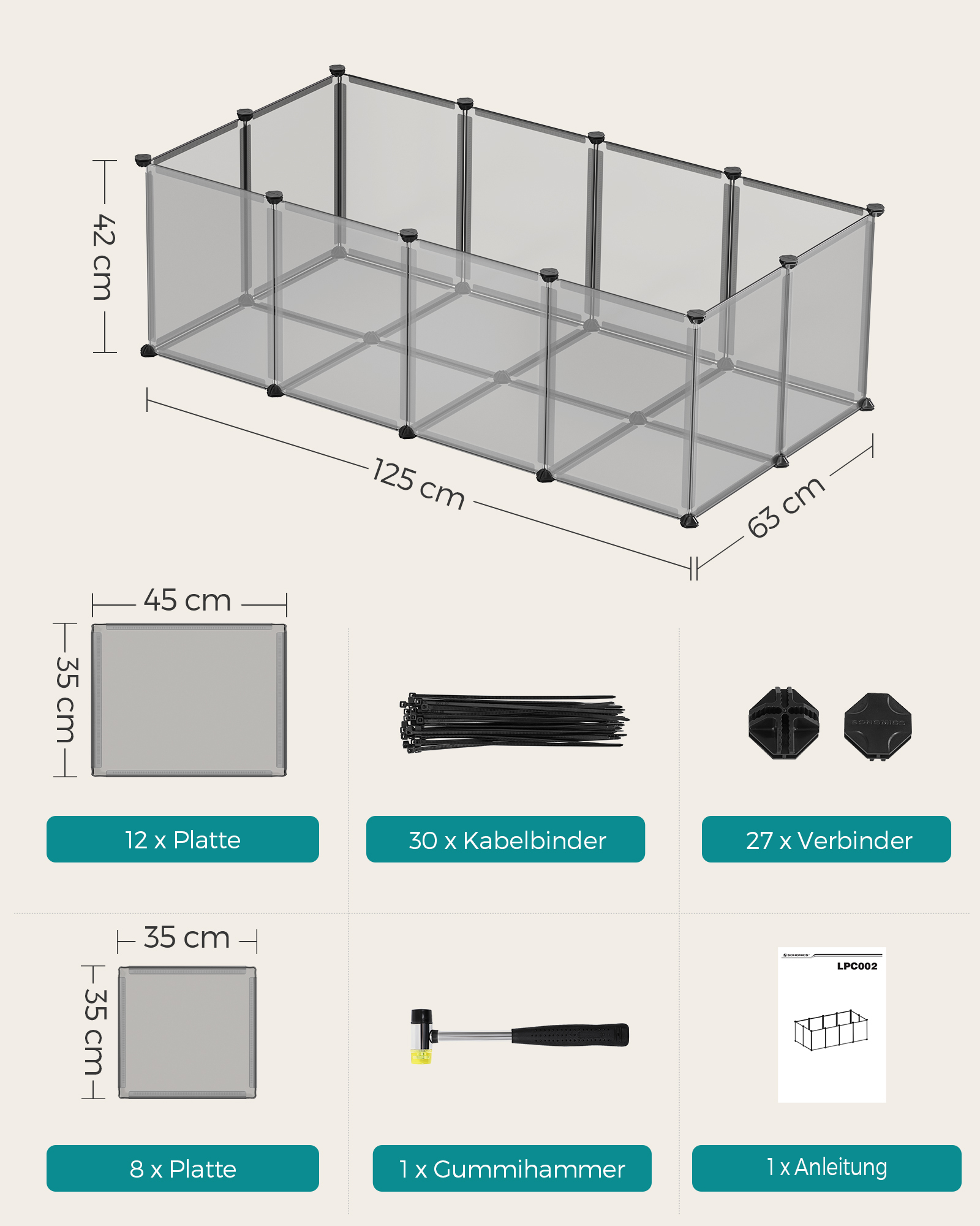 SONGMICS Freigehege SONGMICS L-XL Freigehege mit Bodenplatten grau 1,43 m, 73 cm, 46 cm