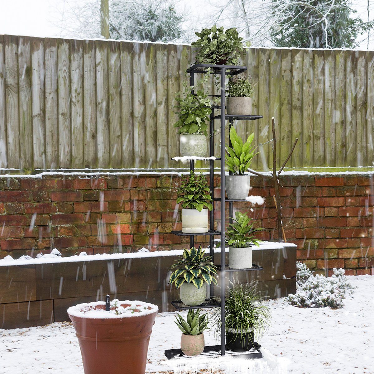 MULISOFT Blumenständer (Innen-Außen Metall Blumentreppe, Pflanzen Regal Blumenregal), Schwarz, Höhe 145cm, für Garten oder Balkon