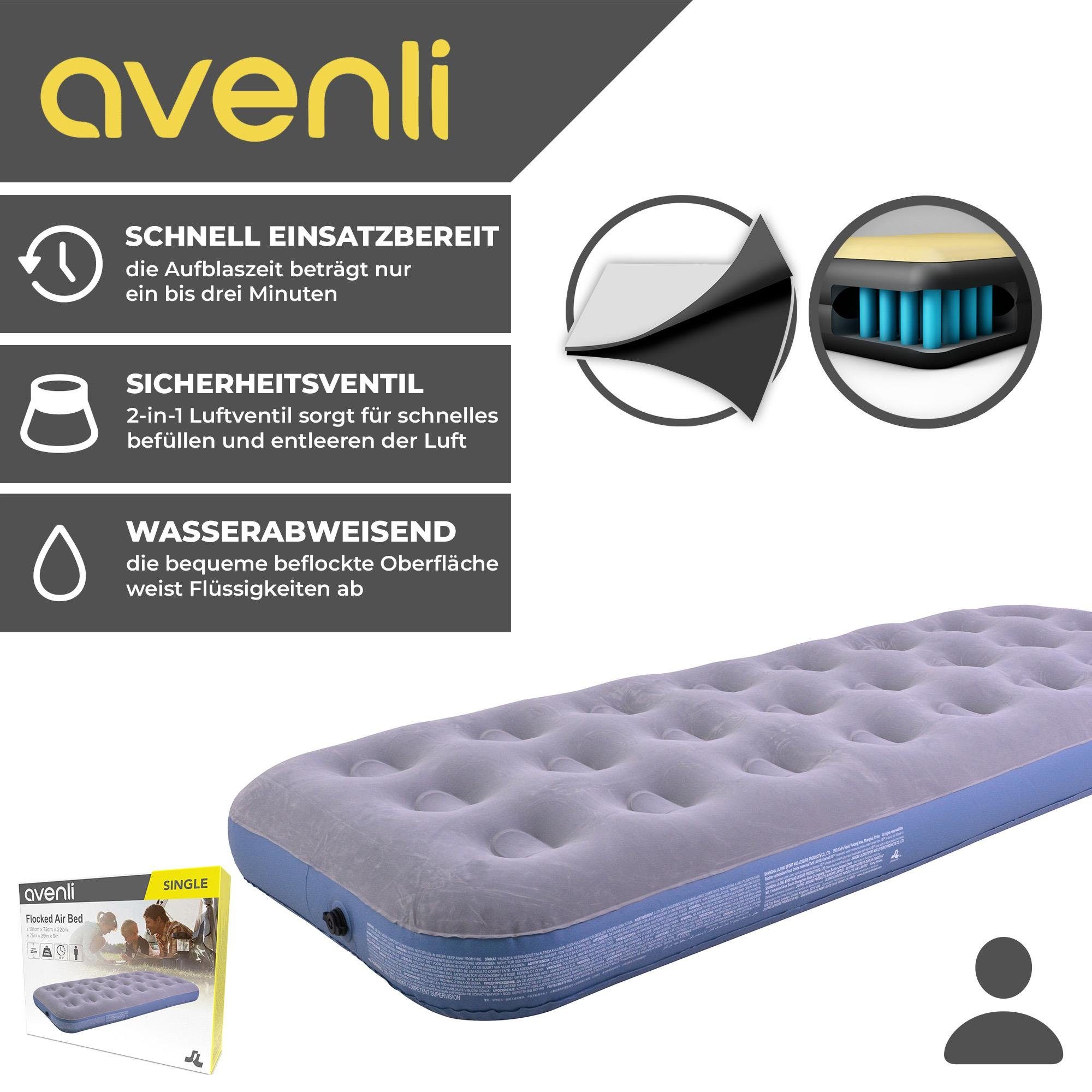 Avenli Luftbett Campingbett grau 191x73x22 cm, (Luftmatratze für 1 Person), Gästebett mit beflockter Oberfläche