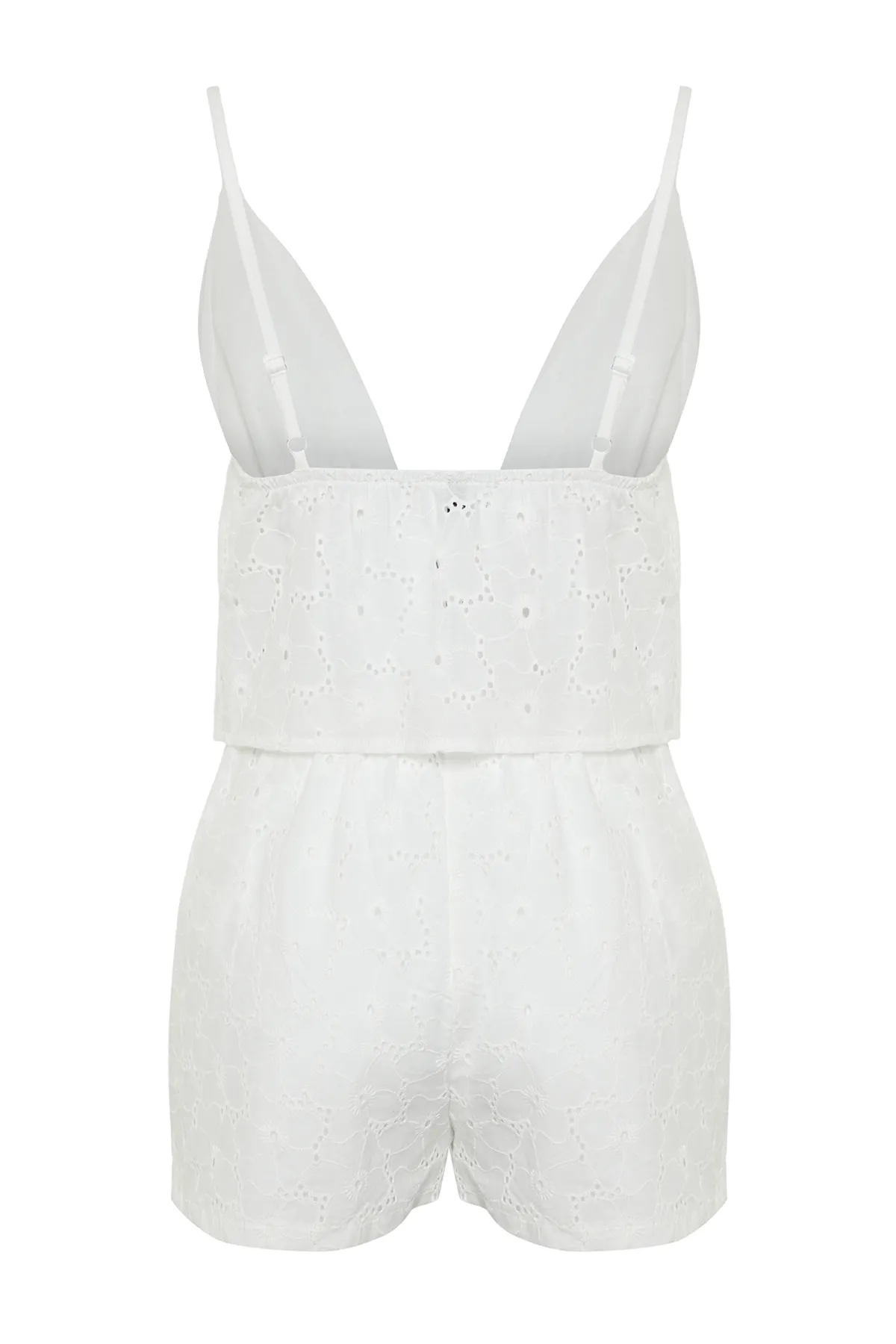 Trendyol Collection  Hochwertiges, weißes Pyjama-Set aus 100 % Baumwolle mit Spitzendetails und Seilriemen, gefüttert mit Brode-Webmuster THMSS24PT00075