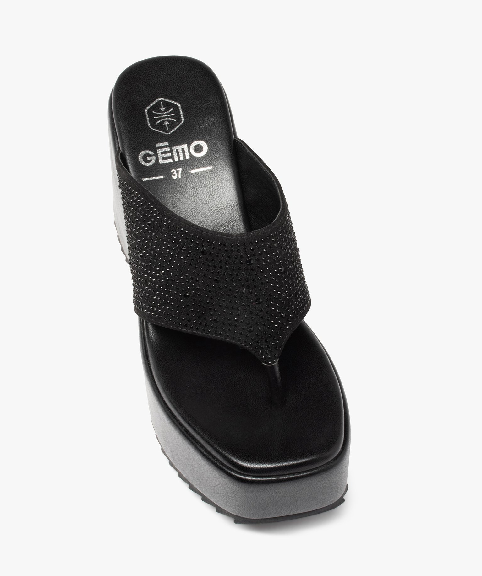Mules femme compensées à entre-doigts orné de strass noir | GEMO