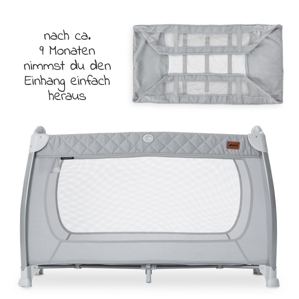 Hauck Baby-Reisebett Play'n Relax Center - Quilted Grey, 7-tlg., mit Matratze, Moskitonetz, Neugeborenen-Einsatz, Wickelauflage