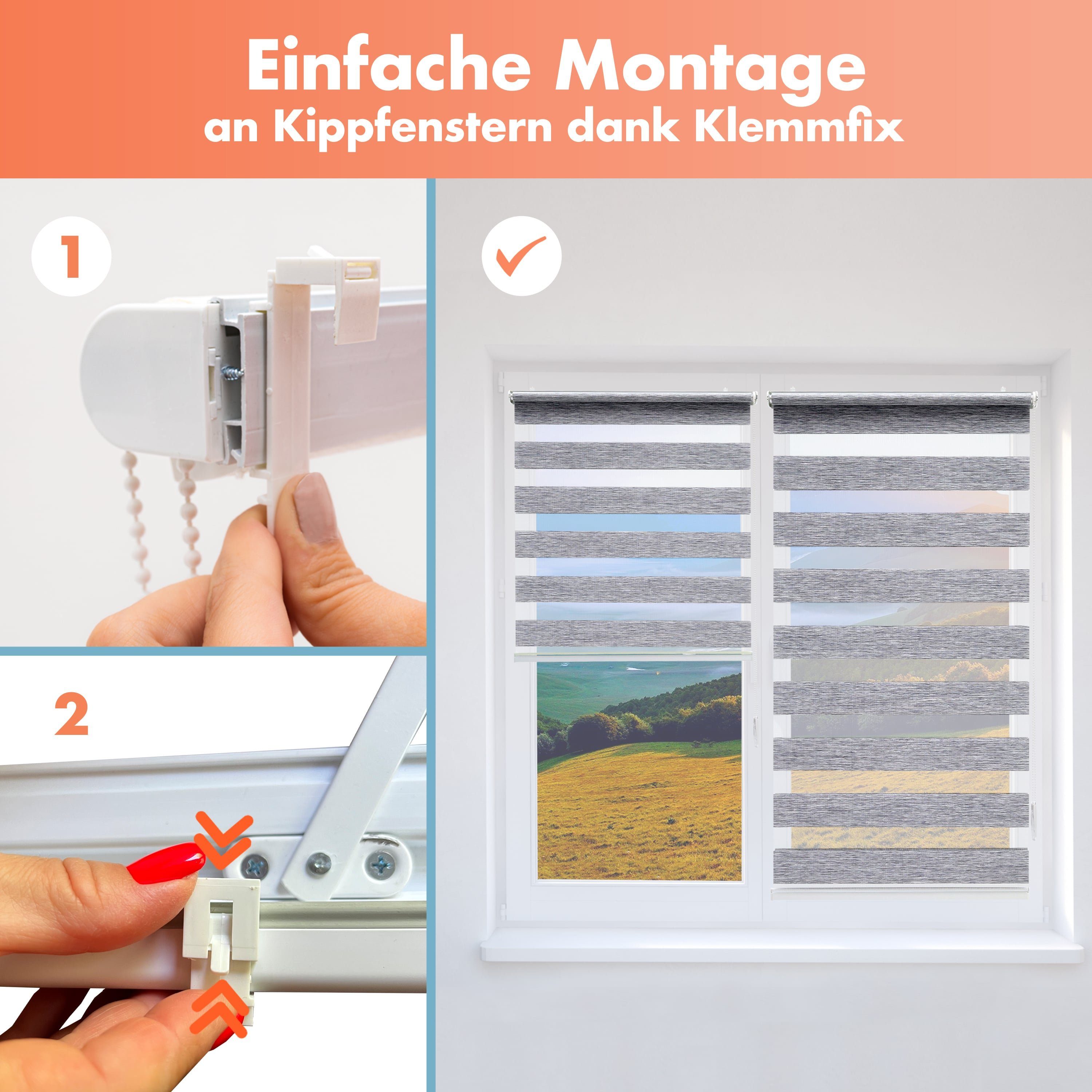 Doppelrollo Duorollo mit Klemmträger, Klemmrollos für Fenster, Bailena, Lichtschutz, ohne Bohren, freihängend, Klemmfix, blickdicht