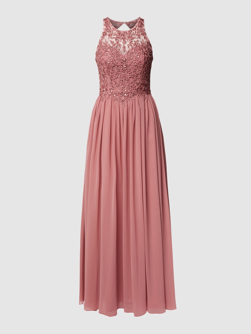 Abendkleid mit floralen Stickereien und Zierperlen in rosa