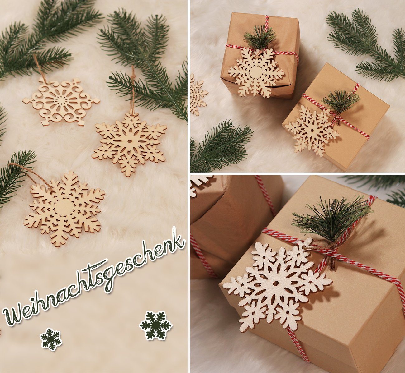 Homewit Hänge-Weihnachtsbaum Holz Schneeflocken Anhänger Weihnachtsbaum Anhänger Holzdeko für DIY, Weihnachtsbaumschmuck Holzanhänger Christbaumschmuck