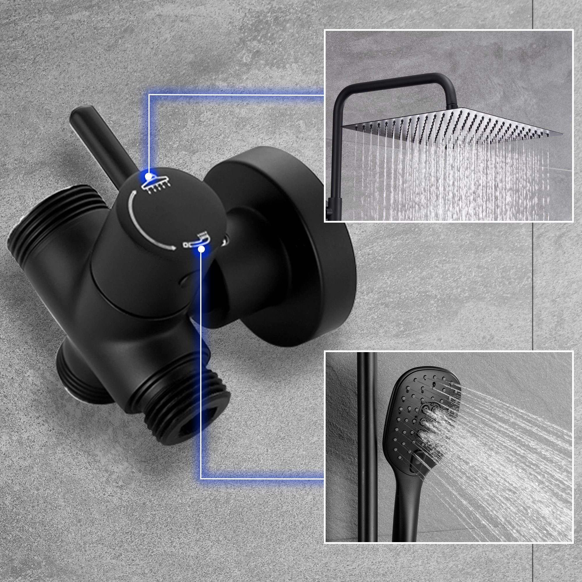 JOHO Brausegarnitur Duschsystem Duschset Dusche Schwarz Edelstahl, Höhe 114 cm, 3 Strahlart(en), Kopfbrause 2020cm, universell einsetzbar für vorhandene Löcher