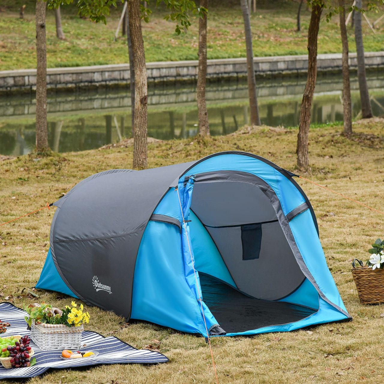 Outsunny Pop up Zelt für 1-2 Personen Campingzelt für 3 Jahreszeiten Blau Grau 220 x 108 x 110 cm