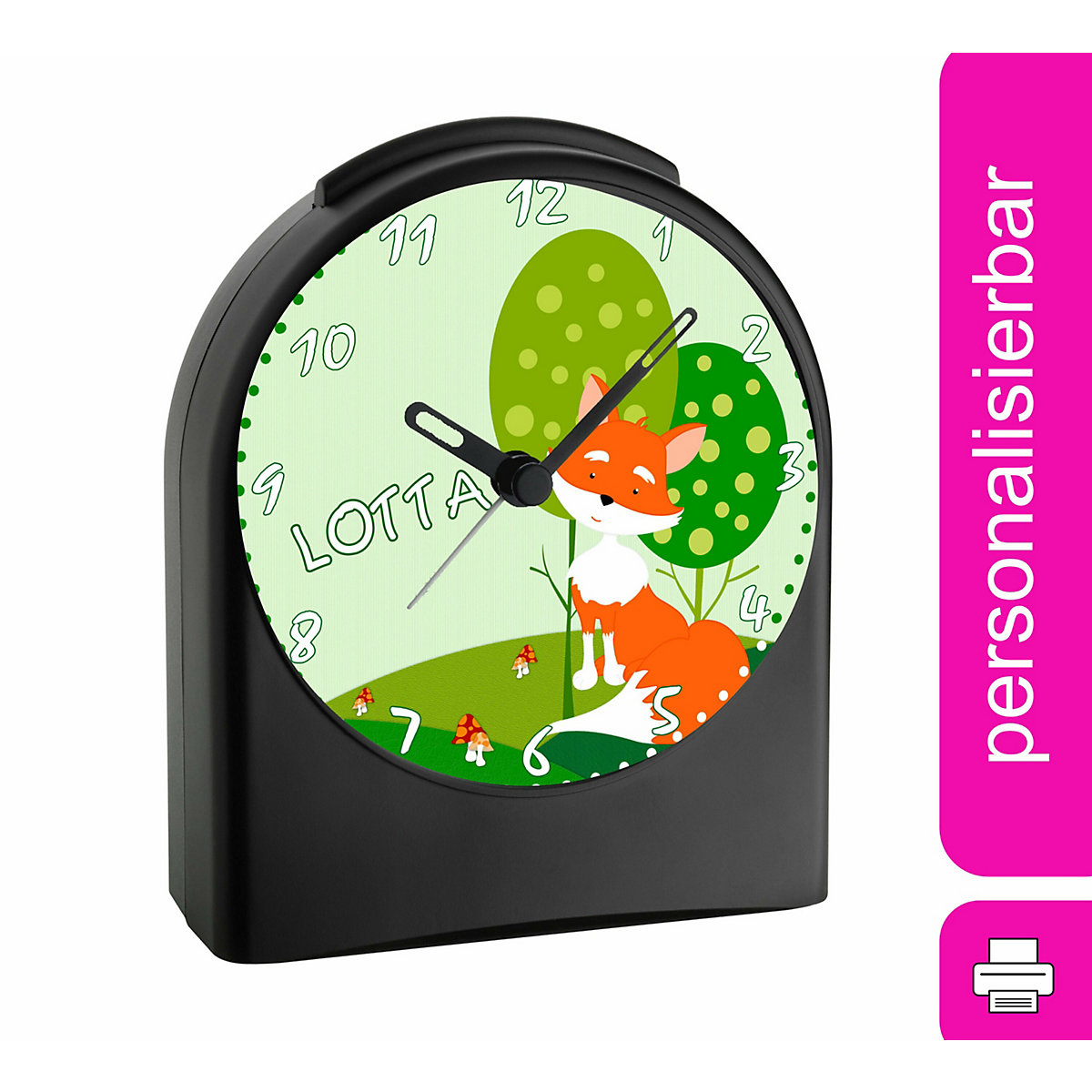 Kinder Funkwecker personalisiert mit Namen Fuchs Atom-/Funkuhr, 12-Stunden-Anzeigeformat, Schlummerfunktion, Nachtlicht, Geräuschlos/Ohne Ticken