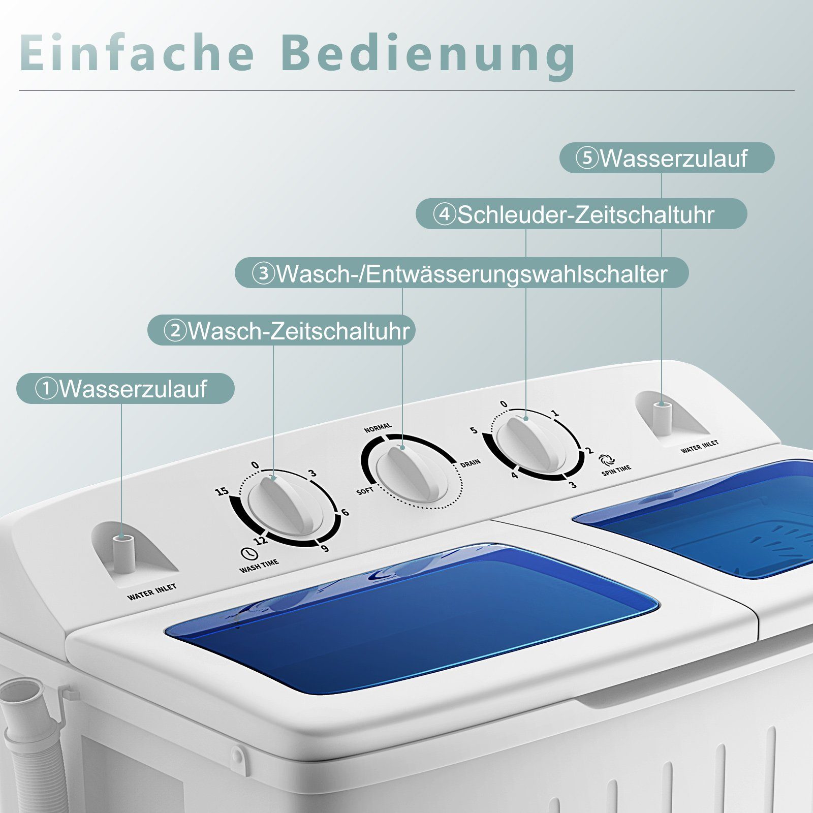 COSTWAY Waschmaschine Toplader FP10386DE/XPB45-45, mit Schleuder, 750 U/min
