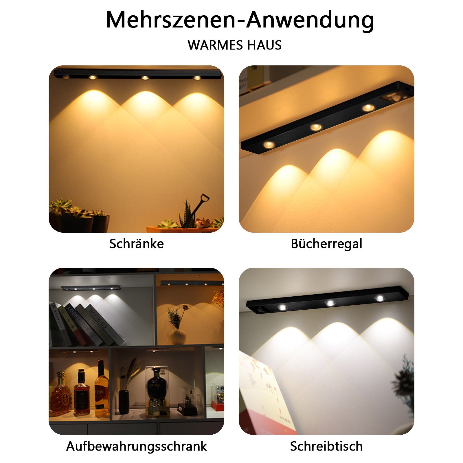 MUPOO LED Unterbauleuchte Unterschrank Beleuchtung Magnetisch,Kabellose,3 Lichtfarben, Led Wandleuchte, Bewegungssensor, Ultradünne 120°-Induktion, 3000K /4500K/6500K,USB-Laden für Unterbauleuchte Küche Schlafzimmer