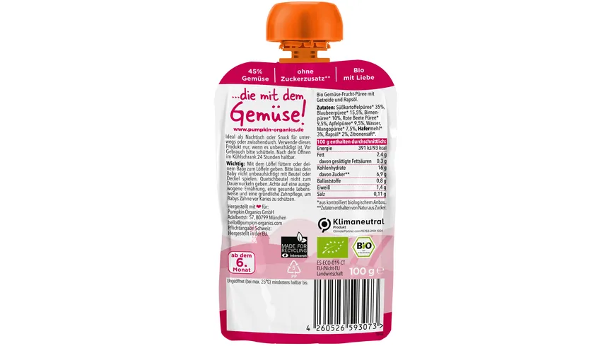pumpkin organics Bio Quetschie Süßkartoffel, Blaubeere, Rote Beete, Hafer 100 g
