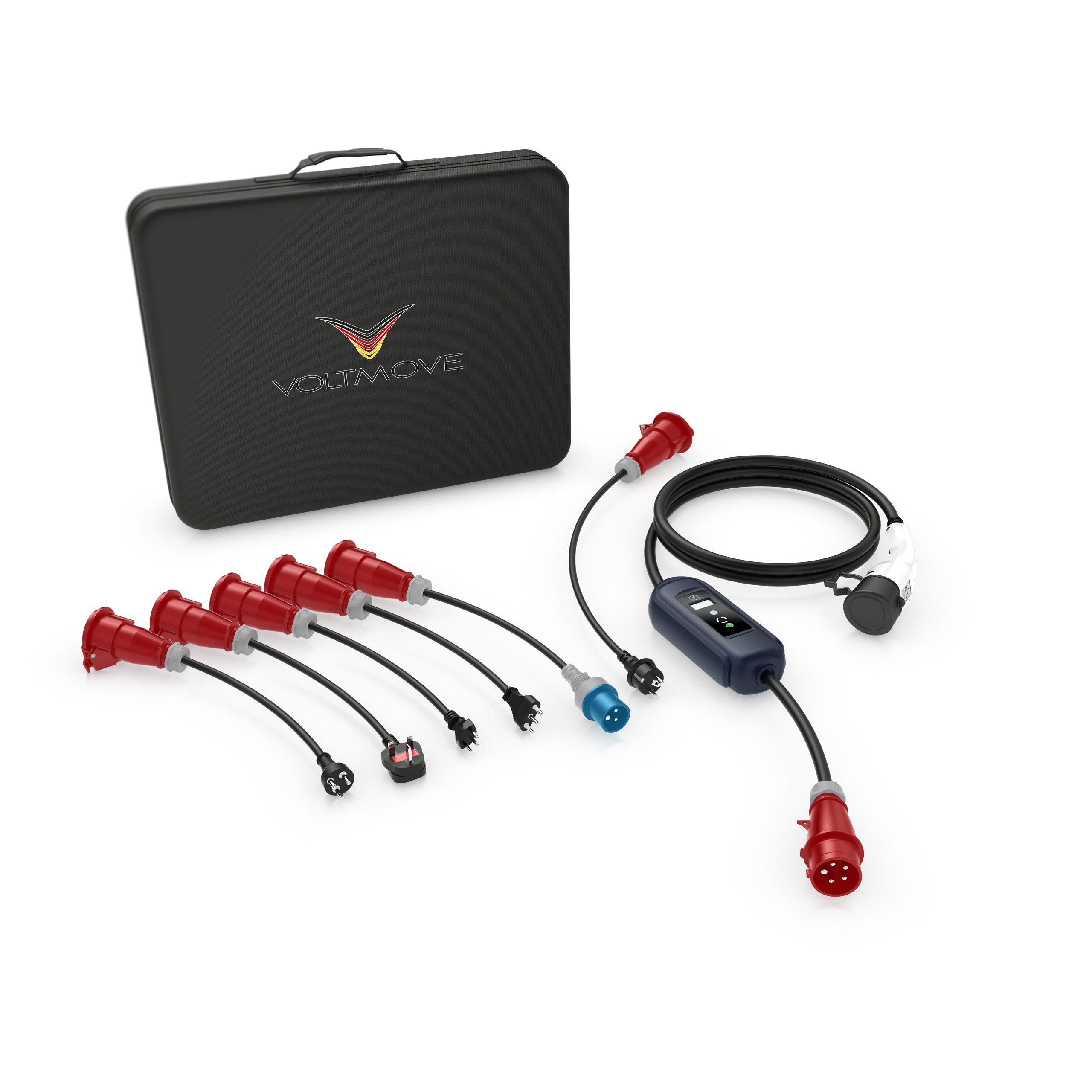 VOLTMOVE mobile Elektroauto-Ladestation Typ 2 auf CCE16 3P mit mobiler Wallbox, 11,00kW / 16A, Reise-Set mit 6 Adaptern, Wandhalterung & Koffer