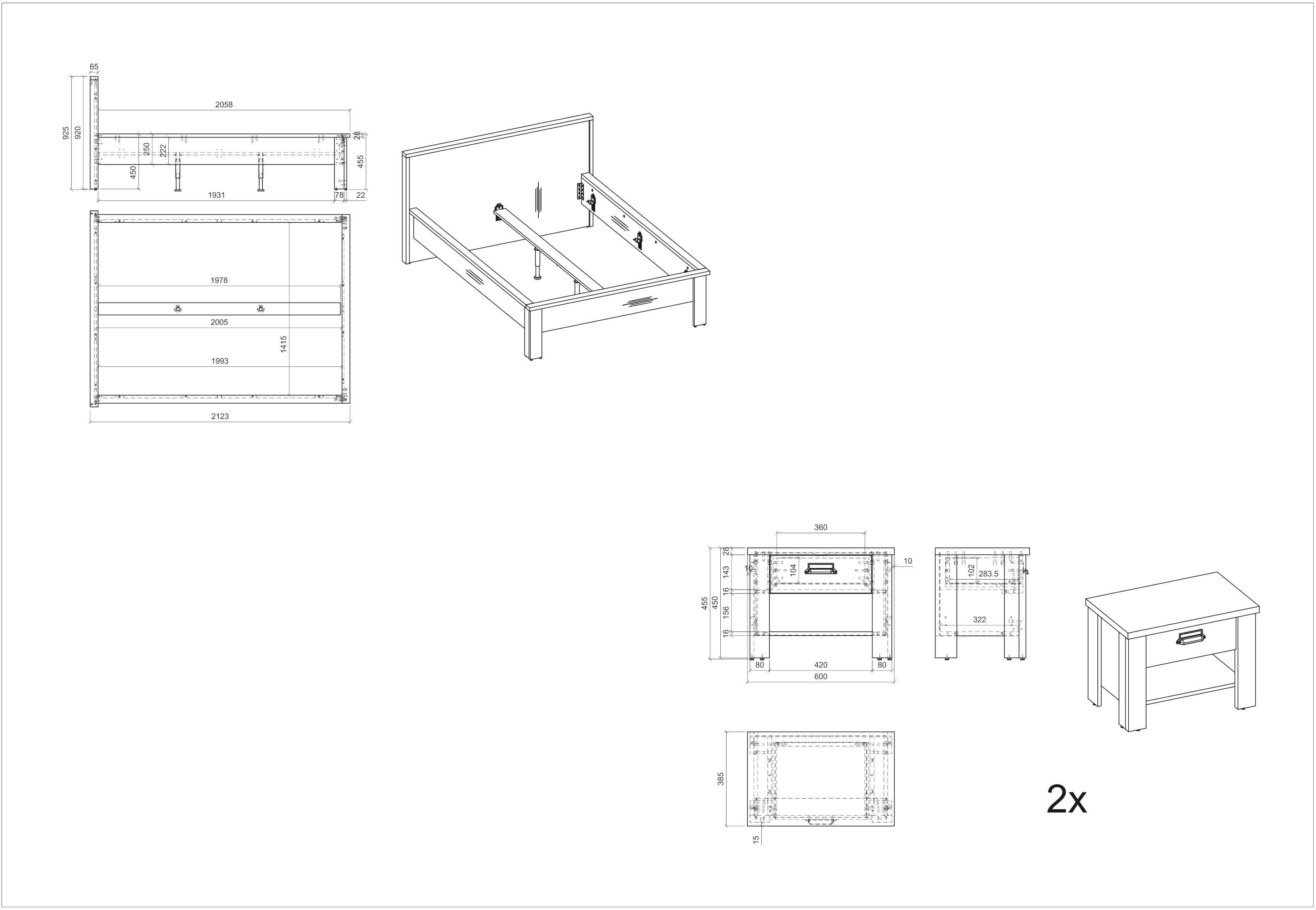 Home affaire Bettanlage SHERWOOD, (3-St), Liegefläche Bett 140x200cm, 2 Nachttische mit jeweils 1 Schublade