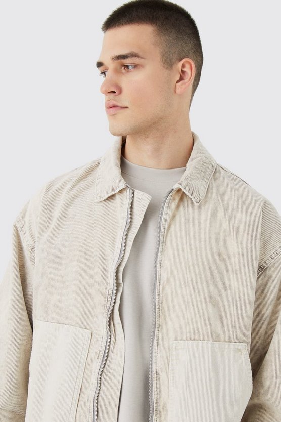 Tall kastige Colorblock Cord-Jacke mit Acid-Waschung