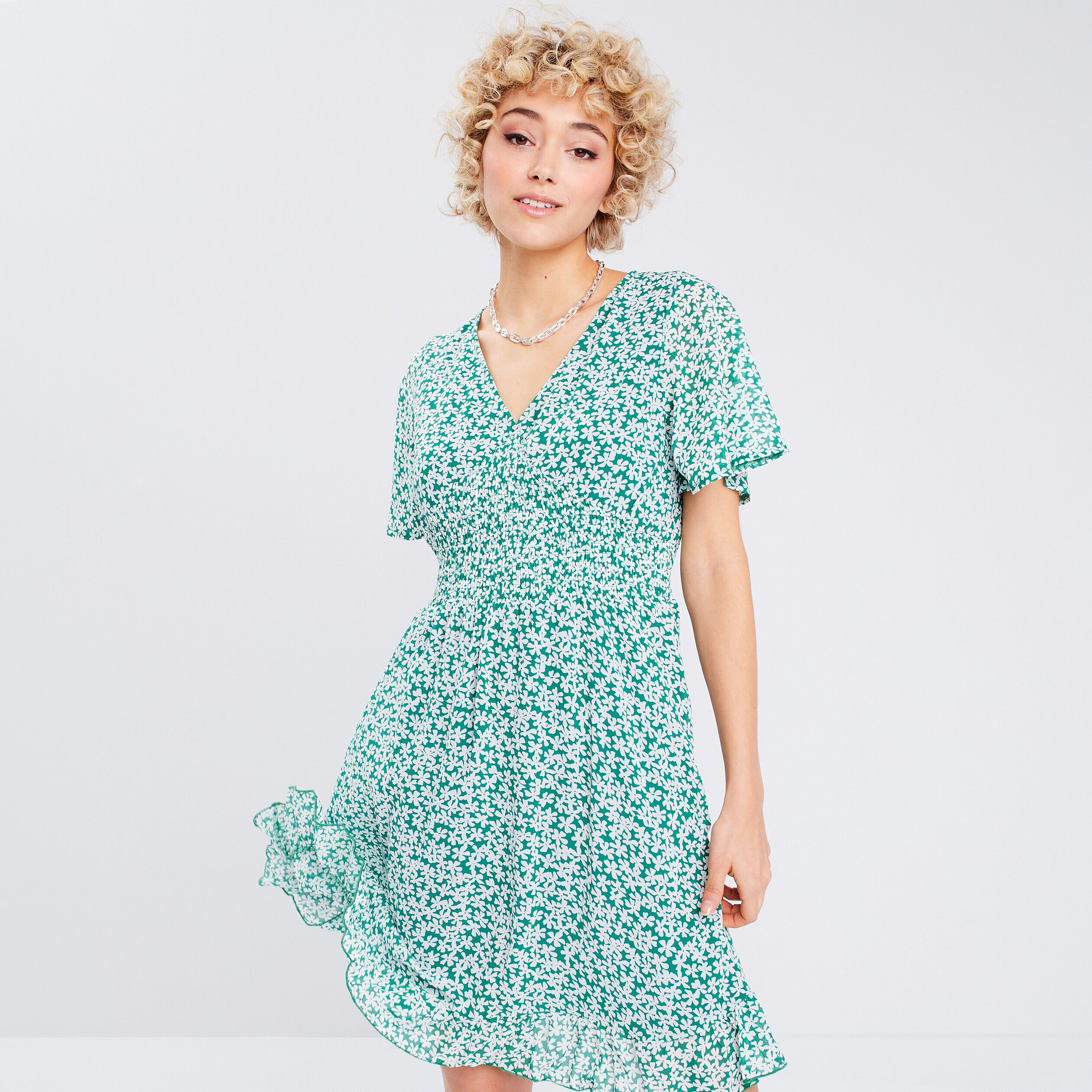 Robe évasée manches courtes vert femme | Cache Cache