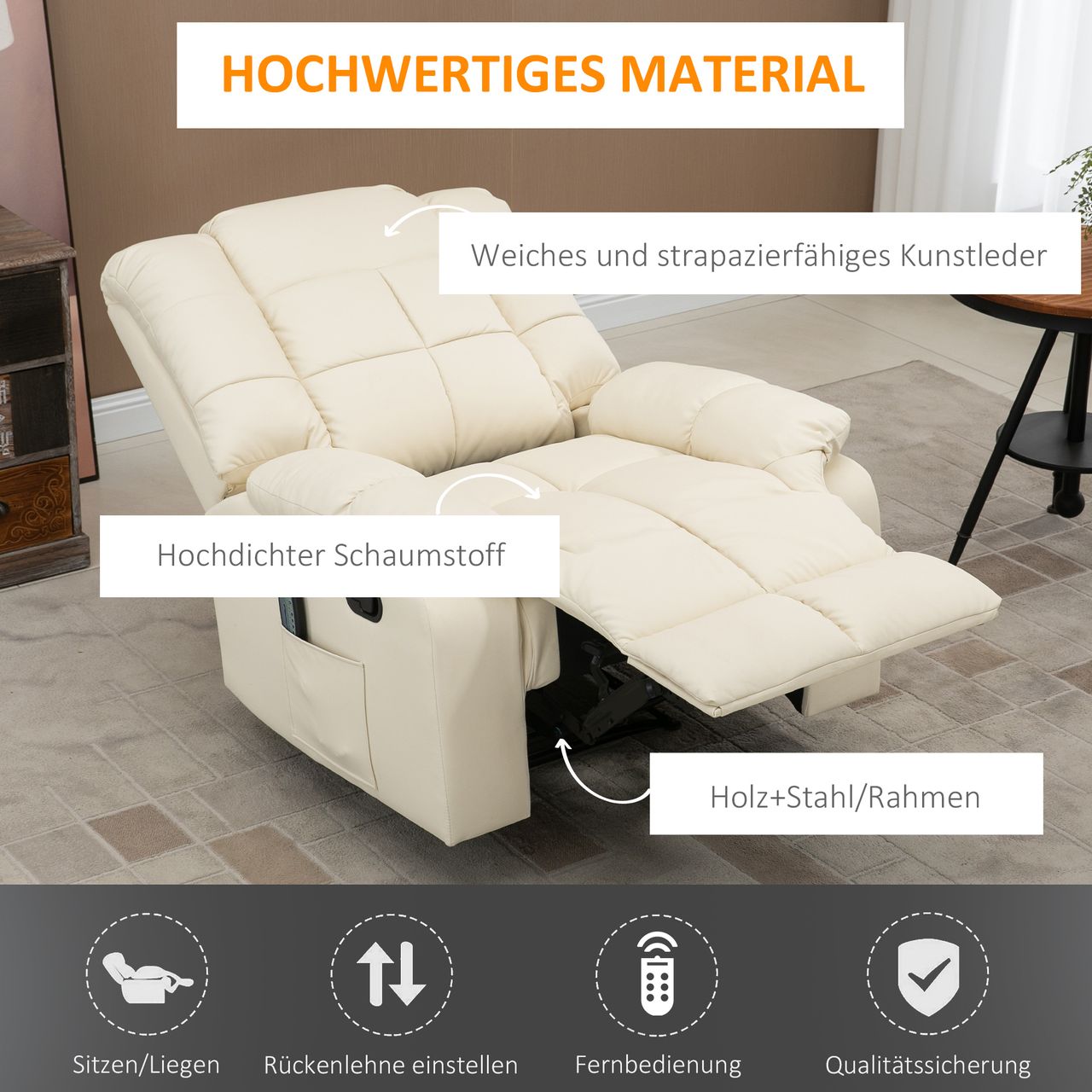 HOMCOM Massagesessel Elektrisch Fernsehsessel mit Liegefunktion 8 Massagepunkte