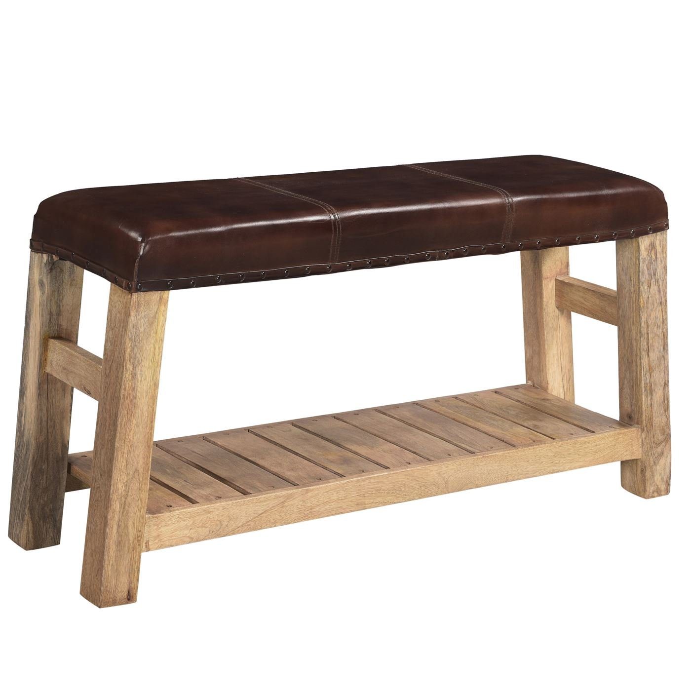 baario Gartenbank Sitzbank KULA Leder, braun Hocker massiv Mangoholz Vintage Flurbank