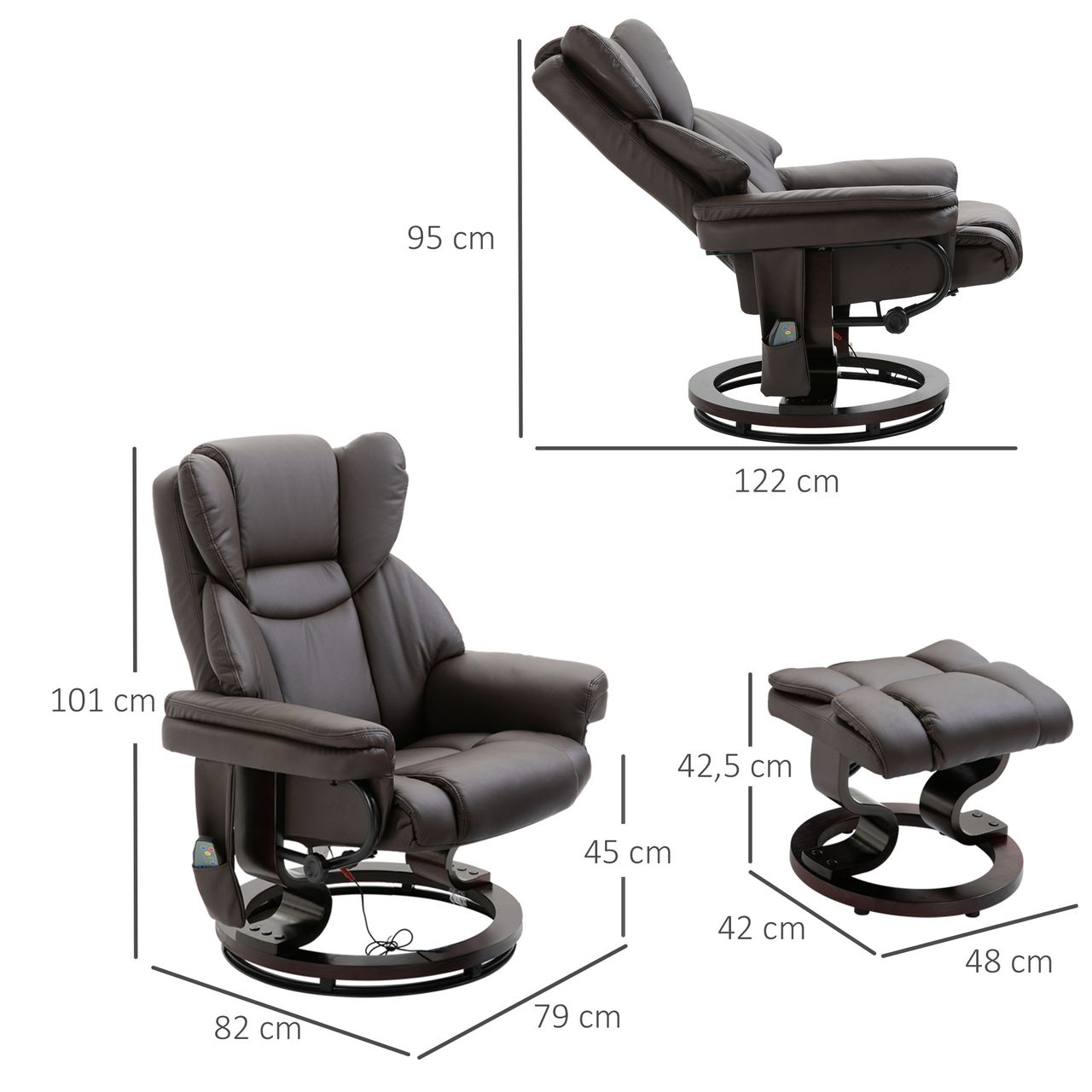HOMCOM Massagesessel mit Fußhocker Relaxsessel 145°-Neigung Kunstleder Braun 79 x 82 x 101 cm