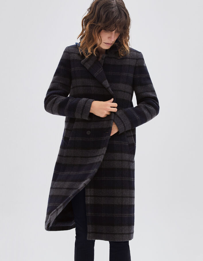 Manteau long gris à motif carreaux Femme