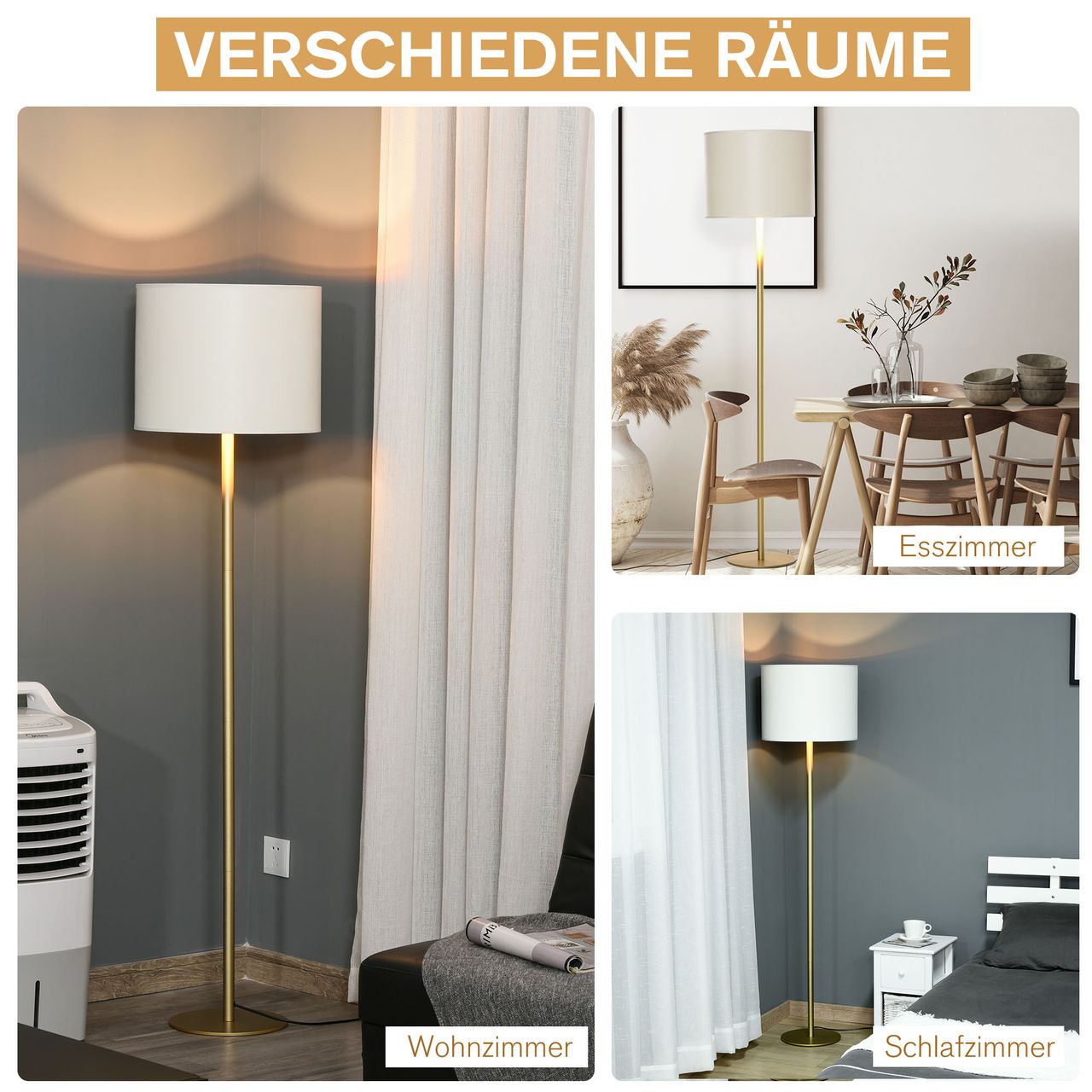 HOMCOM Stehlampe Stehleuchte für Wohnzimmer Schlafzimmer Büro, Weiß Metall, Poly Baumwolle, Ø40 x 160H cm