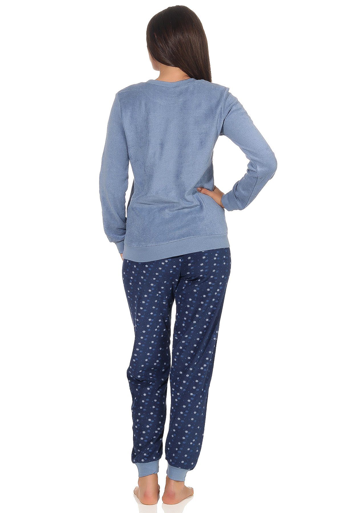 Normann Pyjama Damen Frottee Schlafanzug langarm mit Bündchen und Eiskristall Motiv