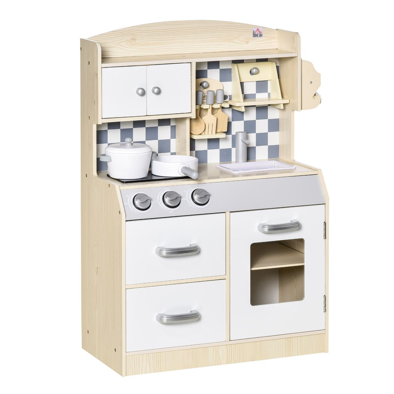 HOMCOM Kinderküche Spielküche aus Holz Küchenspielzeug mit Zubehör für 3–6 Jahre