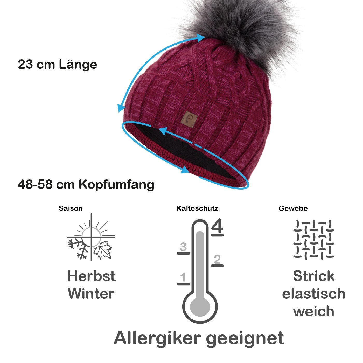 Faera Bommelmütze Gefütterte Wintermütze Damen Herren Winter Beanie Haube Strickmütze