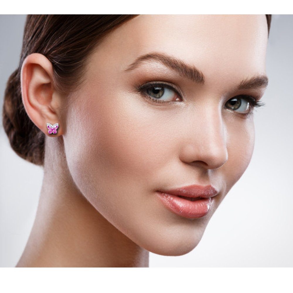 Limana Paar Ohrstecker Mädchen Damen Ohrringe echt 925 Sterling Silber Kinder Schmetterling, Silberschmuck, mit Zirkonia