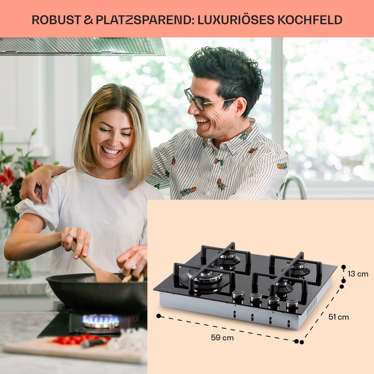 Klarstein Gas-Kochfeld Illuminosa 4 Gaskochfeld 4-flammig Sabaf-Brenner Glaskeramik CGCH6-Illuminosa-4, 4 flammen brenner Kochfelder Gaskochfelder
