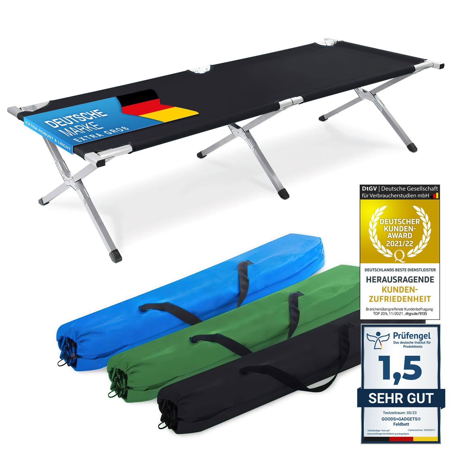 Goods+Gadgets Feldbett Faltbares Army-Bett (Campingbett, Klappbett) Gästebett aus Aluminium
