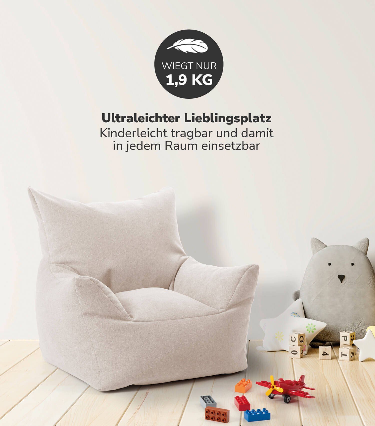mokebo Kindersessel Der Pausenheld (Beige), Kinder Sitzsack, Lesesessel, Bodenkissen und Sitzkissen Kinder