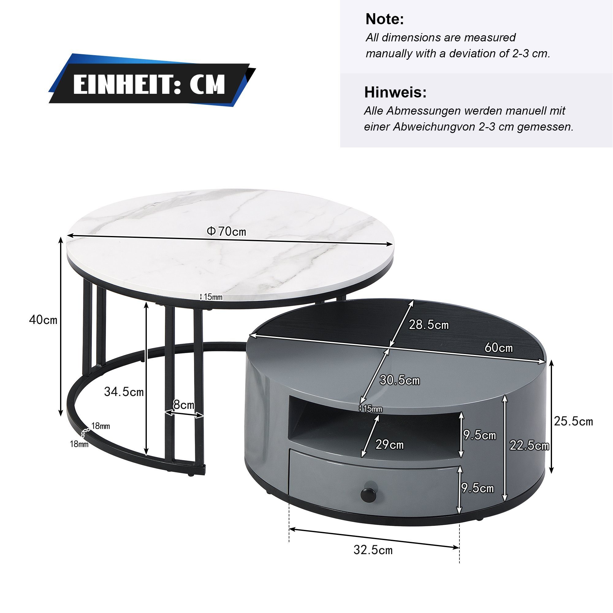 BlingBin Couchtisch Zweiteiliger Nesting-Couchtisch (1-St., 2er set, Schwarzer und grauer PVC-Marmor-Look und Aufbewahrung), mit Schublade und offener Stauraum, Staufach unter dem Schreibtisch