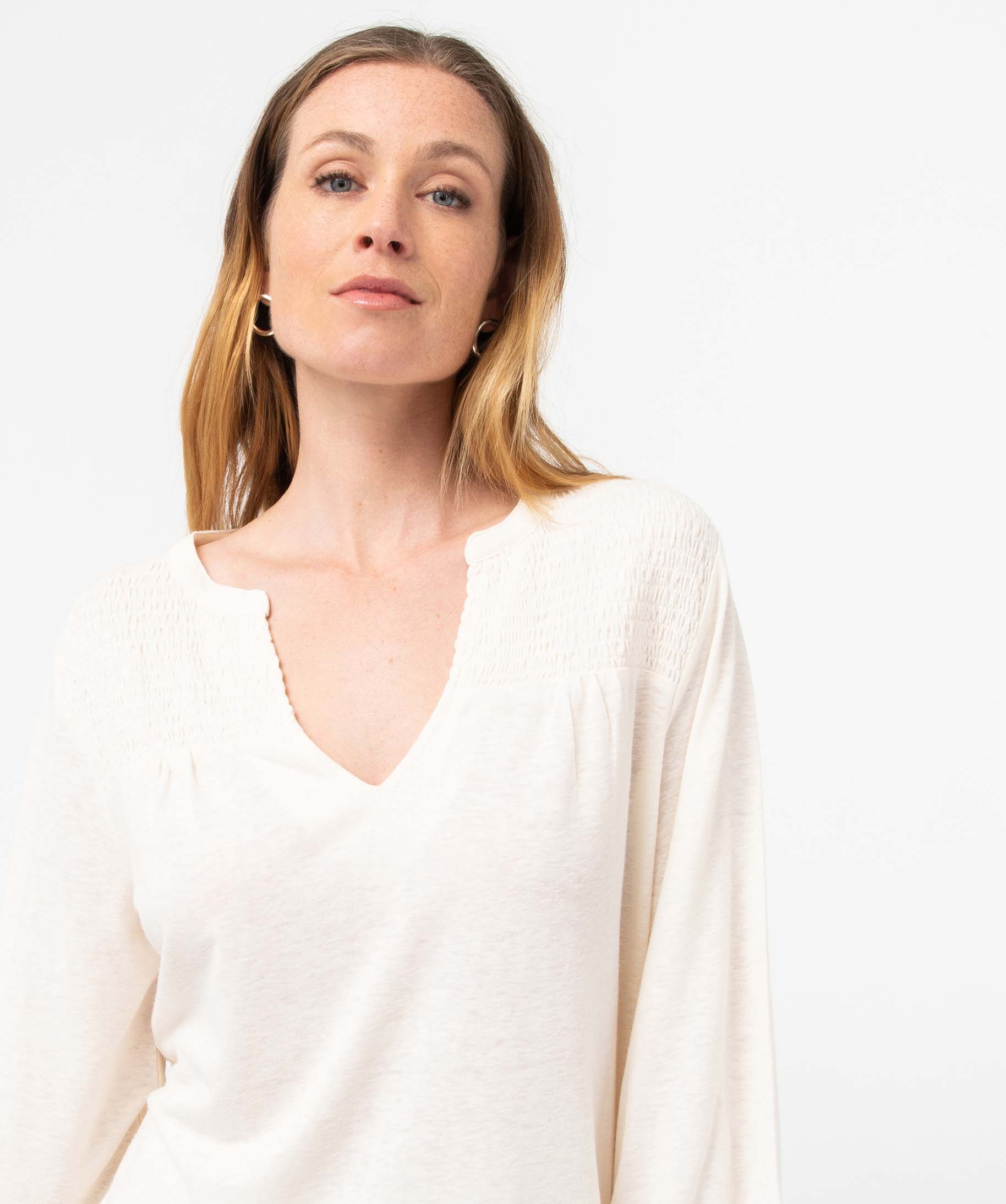 Tee-shirt femme à manches 3/4 avec smocks sur le buste ecru | GEMO