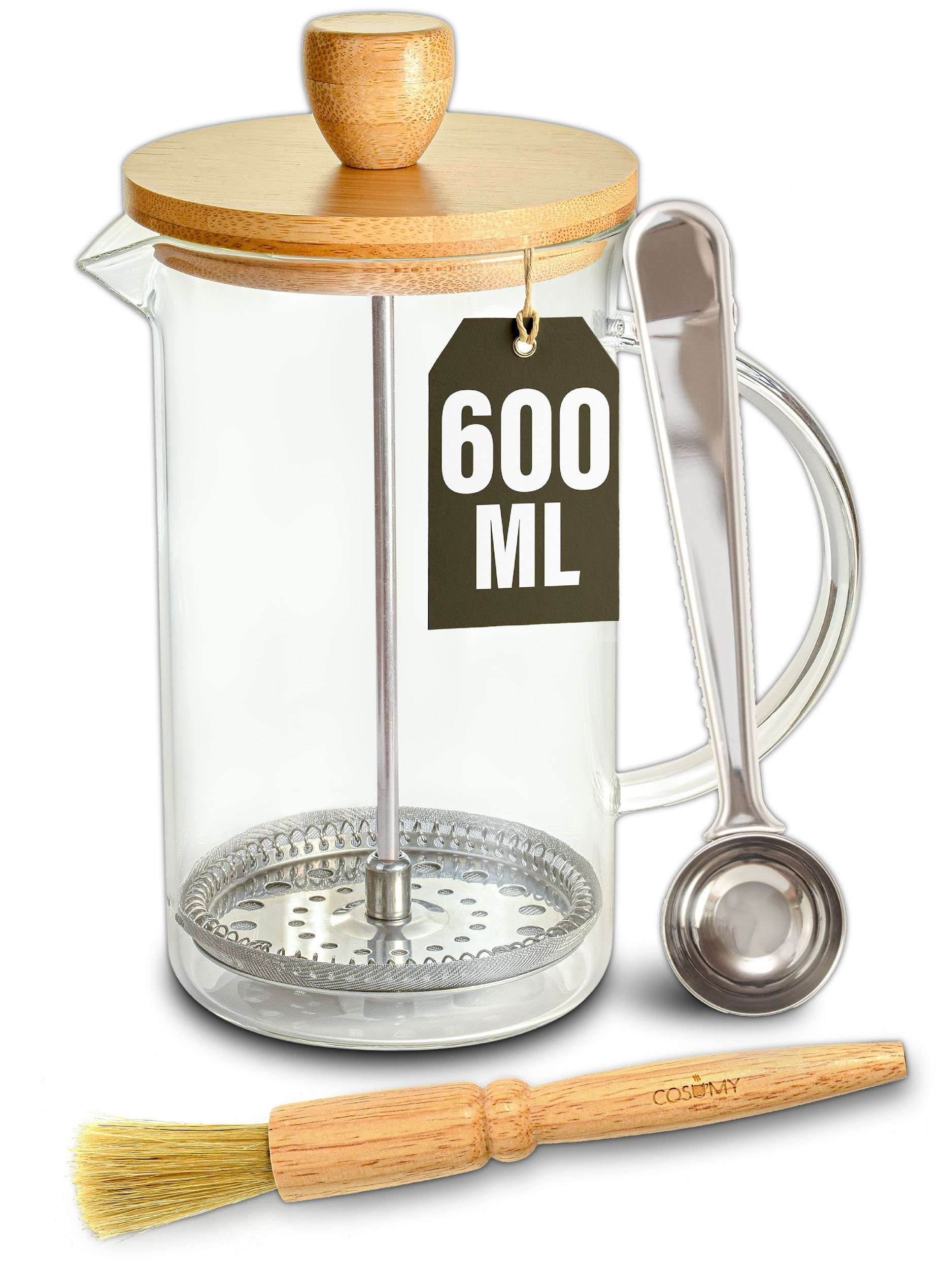 Cosumy French Press Kanne French Press aus Glas 0,6 Liter, 0,6l Kaffeekanne, Kaffeebereiter für 2 Tassen Kaffee - Mit Dosierlöffel und Reinigungspinsel