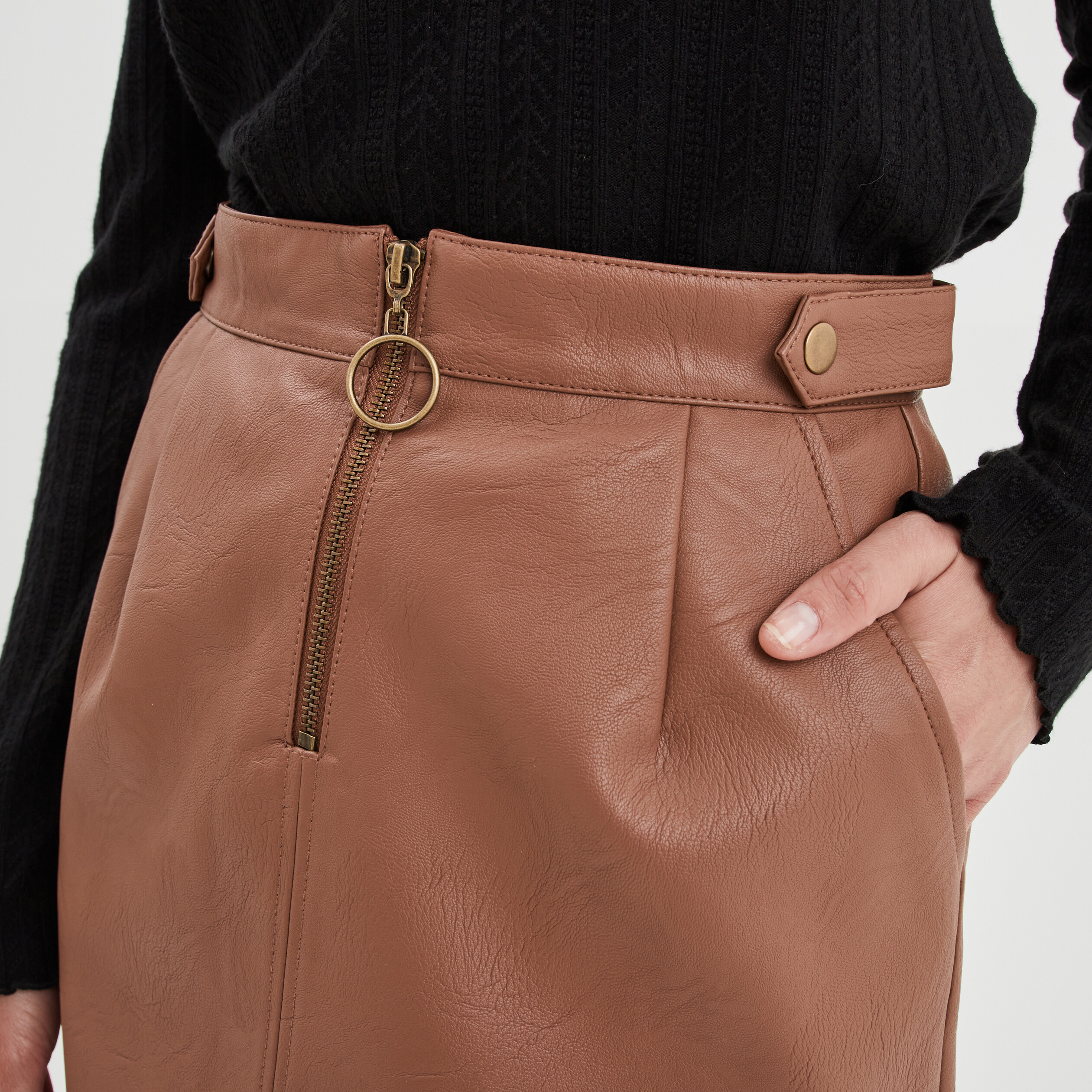 Jupe simili cuir détail zippé devant marron femme | La Halle