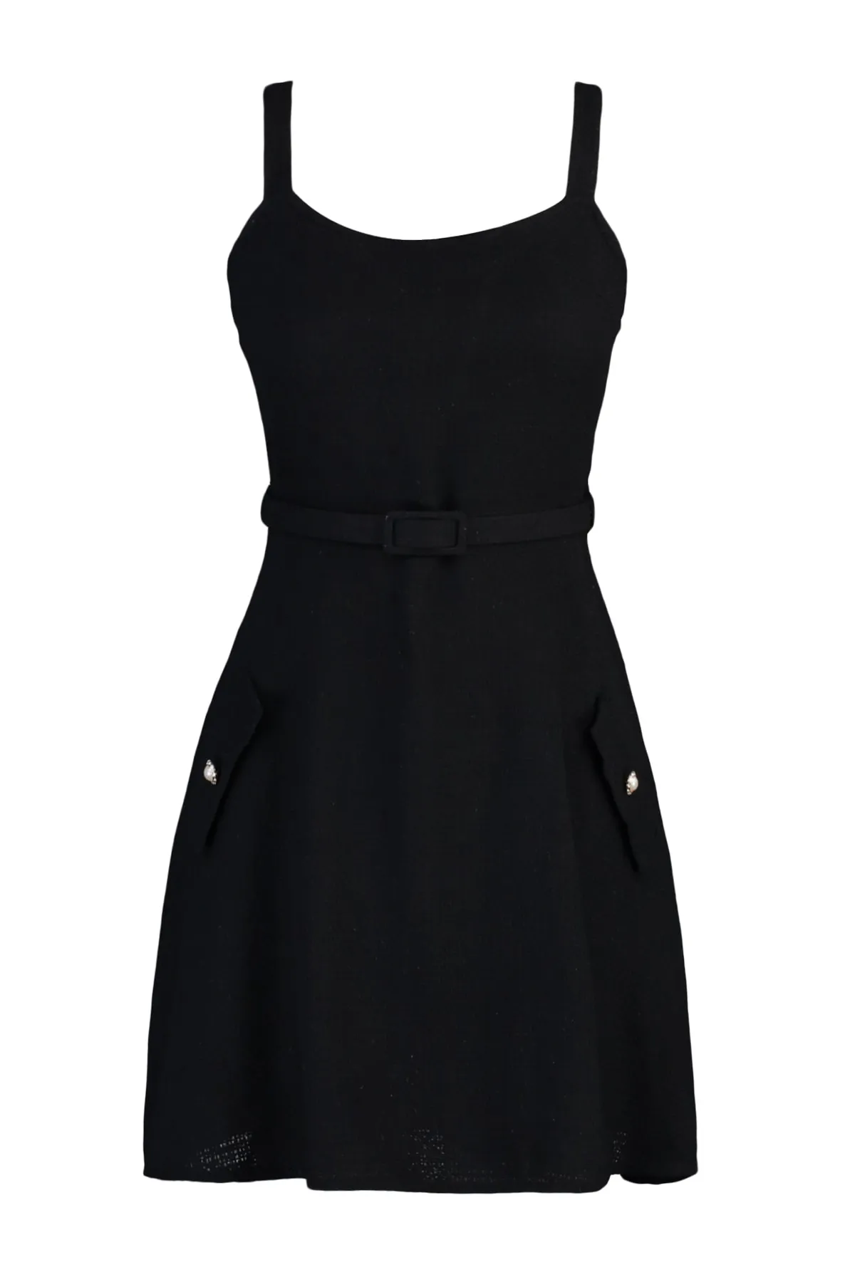 Trendyol Collection  Schwarzes Mini-Webkleid mit Gürtel und Taschendetail TWOAW23EL00526