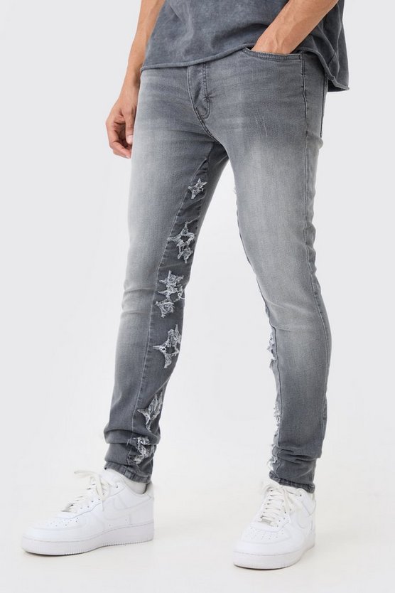Graue Skinny Stretch Jeans mit Applikation