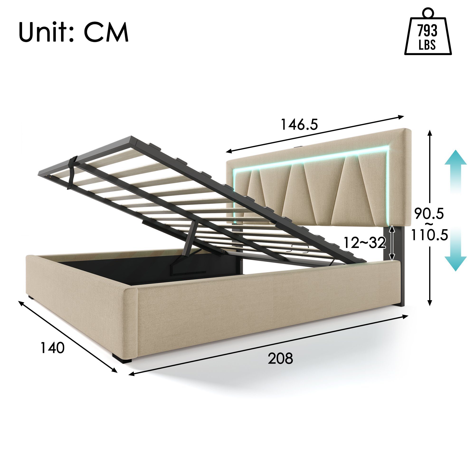 Flieks Polsterbett, LED Doppelbett Stauraumbett + USB/Typ-C Ladefunktion 140x200cm Leinen
