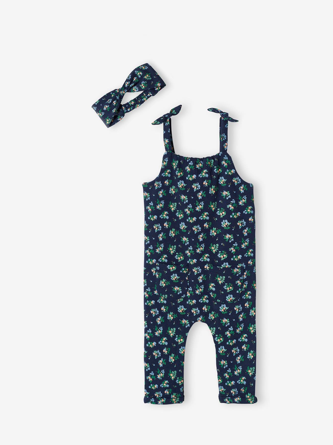 Ensemble combinaison et bandeau bébé fille en molleton bleu nuit